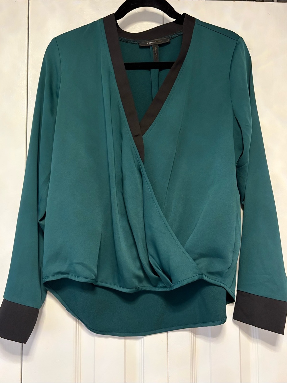 BCBGMaxAzria Teal Wrap-Front Blouse with Black Trim